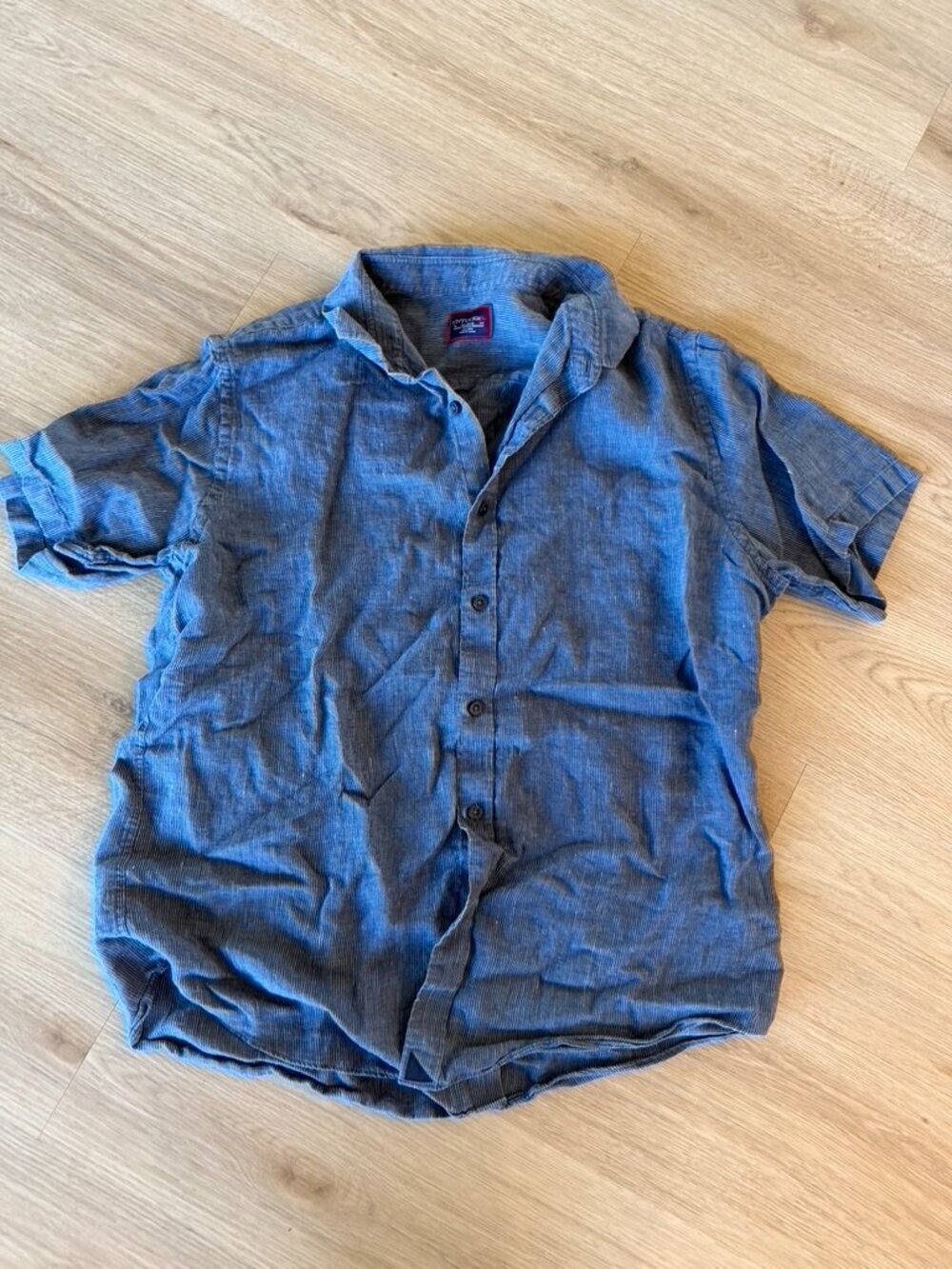 UNTUCKit blue linen striped short sleeve button up shirt Canon XL